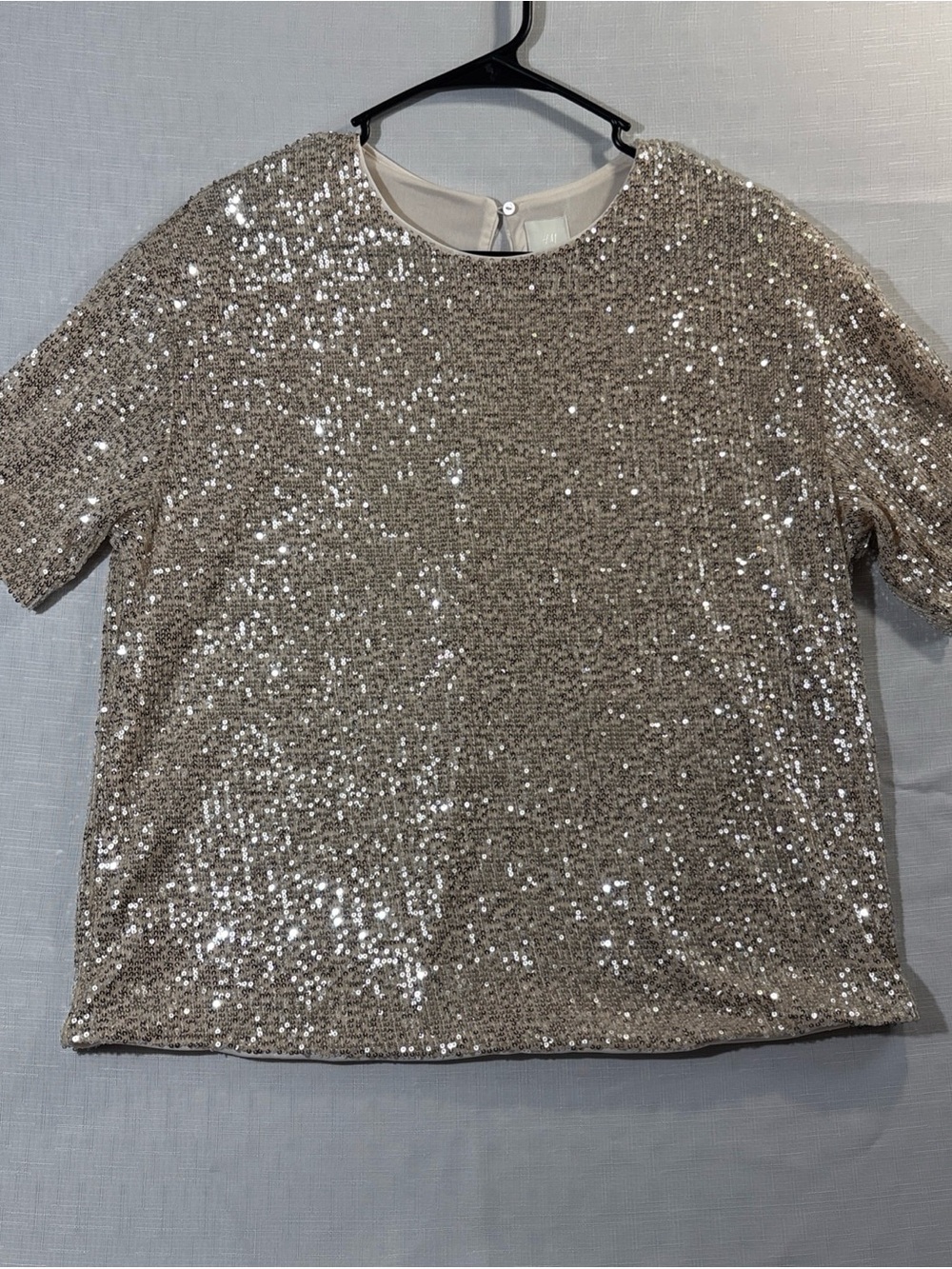 H&M Large Sparkly Straight Cut Sequined Mesh Short Sleeve Top Blouse Tee